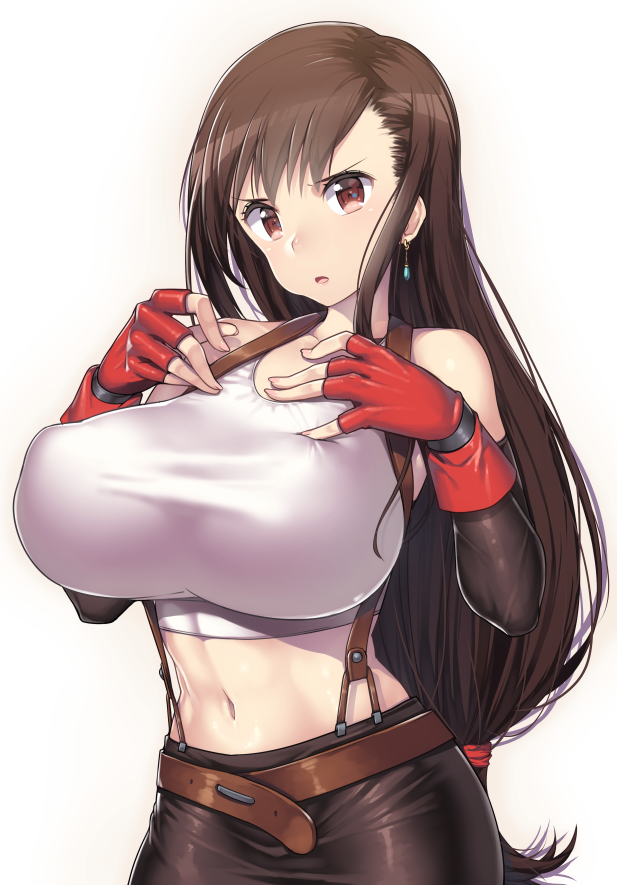 &gt;:o 1girl :o blush breasts brown_eyes cowboy_shot earrings elbow_gloves elbow_pads erect_nipples final_fantasy final_fantasy_vii fingerless_gloves gloves jewelry large_breasts long_hair looking_at_viewer low-tied_long_hair midriff miniskirt nagase_haruhito pencil_skirt red_eyes red_gloves shirt sidelocks skirt solo suspender_skirt suspenders tank_top taut_clothes taut_shirt tifa_lockhart very_long_hair