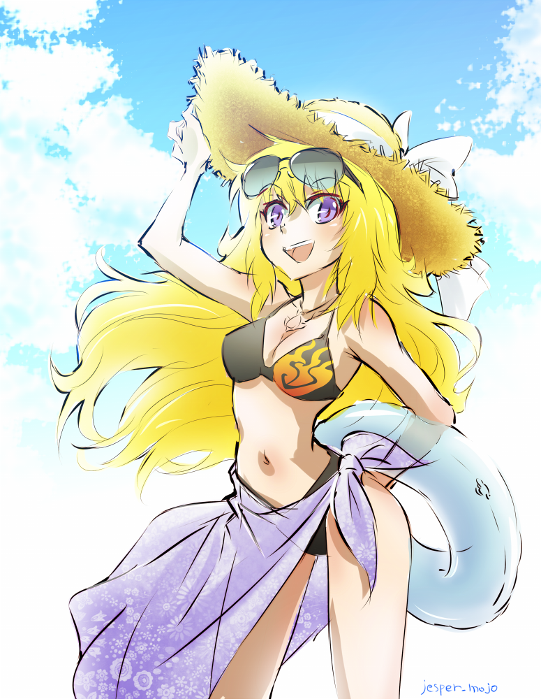 abs bikini blonde_hair breasts cleavage clouds commentary_request hat iesupa jewelry navel necklace rwby sarong sky straw_hat sunglasses sunglasses_on_head swimsuit violet_eyes yang_xiao_long