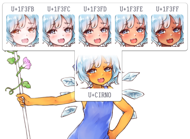 1girl alternate_skin_color blue_dress blue_eyes blue_hair cirno commentary dress emoji flower hidden_star_in_four_seasons ice ice_wings laoism open_mouth plant short_hair solo tan tanned_cirno touhou unicode vines wings