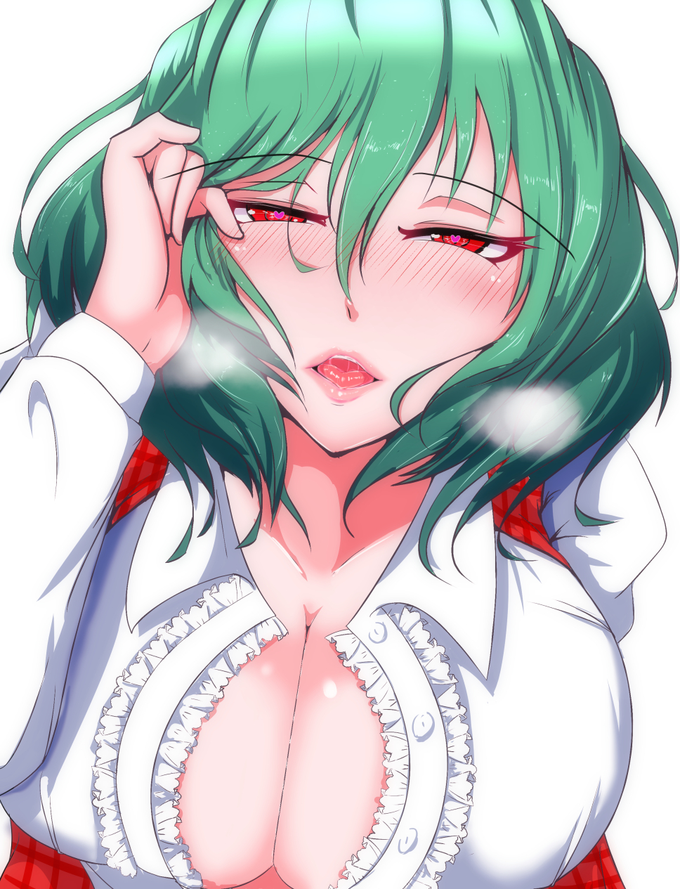 1girl adjusting_hair bangs blush breasts cleavage closed_eyes collared_shirt eyebrows_visible_through_hair green_hair hair_between_eyes hand_in_hair heart heart-shaped_pupils highres incoming_kiss kazami_yuuka kiss_day large_breasts leaning_forward looking_at_viewer nose_blush open_clothes open_shirt pink_lips plaid plaid_vest pov red_vest s-m!le_yuu saliva shiny shiny_hair shiny_skin shirt short_hair simple_background solo symbol-shaped_pupils tongue touhou upper_body vest white_background white_shirt