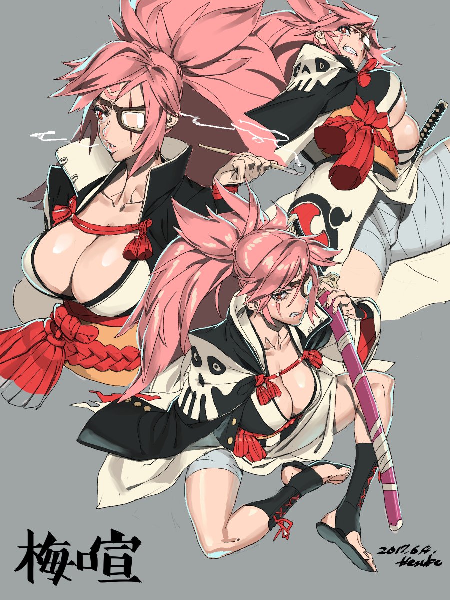 1girl amputee artist_request baiken boots breasts cleavage dated guilty_gear guilty_gear_xrd hesuke highres jacket_on_shoulders japanese_clothes katana kimono large_breasts long_hair multiple_views obi one-eyed open_clothes open_kimono pink_eyes pink_hair pipe ponytail samurai sarashi sash scar scar_across_eye sheath sheathed simple_background smoking sword tattoo toeless_boots weapon