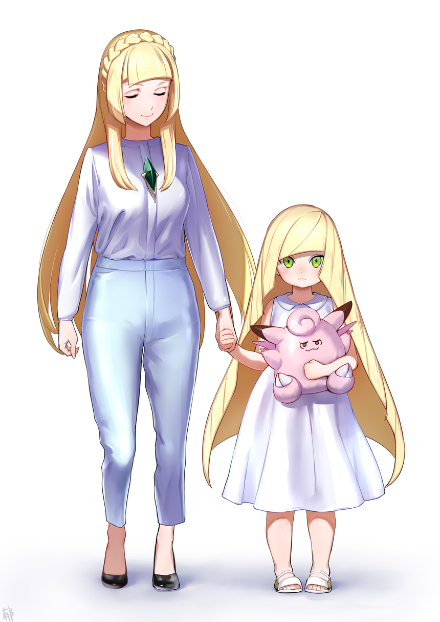 2girls age_switch bangs blonde_hair blunt_bangs braid character_doll clefable closed_eyes dress french_braid gem green_eyes hair_over_shoulder hand_holding highres lillie_(pokemon) long_hair looking_at_viewer lusamine_(pokemon) mother_and_daughter multiple_girls older pokemon pokemon_(game) pokemon_sm revision role_reversal sandals shiroinuchikusyo smile very_long_hair white_background white_dress younger