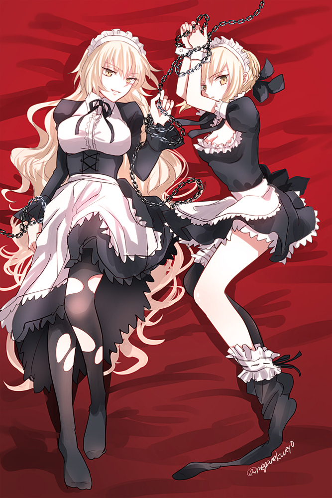 2girls alternate_costume black_legwear blonde_hair breasts chains cleavage dark_persona enmaided fate/grand_order fate/stay_night fate_(series) hair_bun jeanne_alter large_breasts long_hair looking_at_viewer lying maid maid_headdress medium_breasts multiple_girls on_back on_side pantyhose ruler_(fate/apocrypha) saber saber_alter sushimaro thigh-highs torn_clothes torn_pantyhose wrist_cuffs yellow_eyes