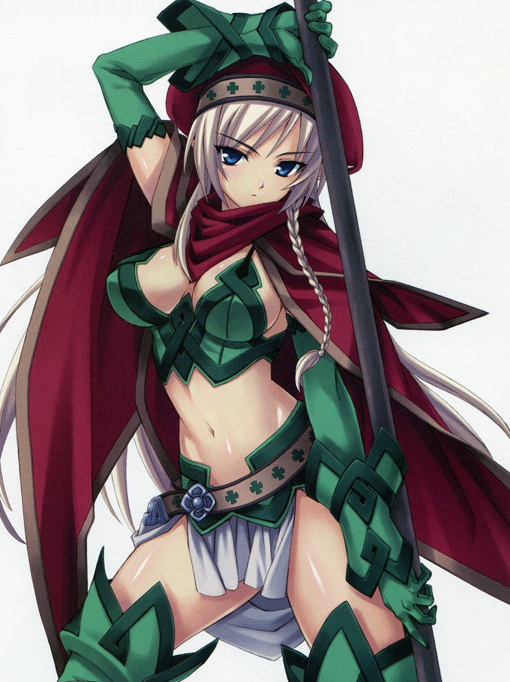 &gt;:( 1girl alleyne_(queen's_blade) beret blue_eyes boots braid breasts bustier cape closed_mouth cowboy_shot elbow_gloves elf gloves green_boots green_gloves hat holding holding_weapon long_hair looking_at_viewer matsuryuu medium_breasts midriff navel pointy_ears queen's_blade red_cape side_braid silver_hair solo stomach thigh-highs thigh_boots very_long_hair weapon