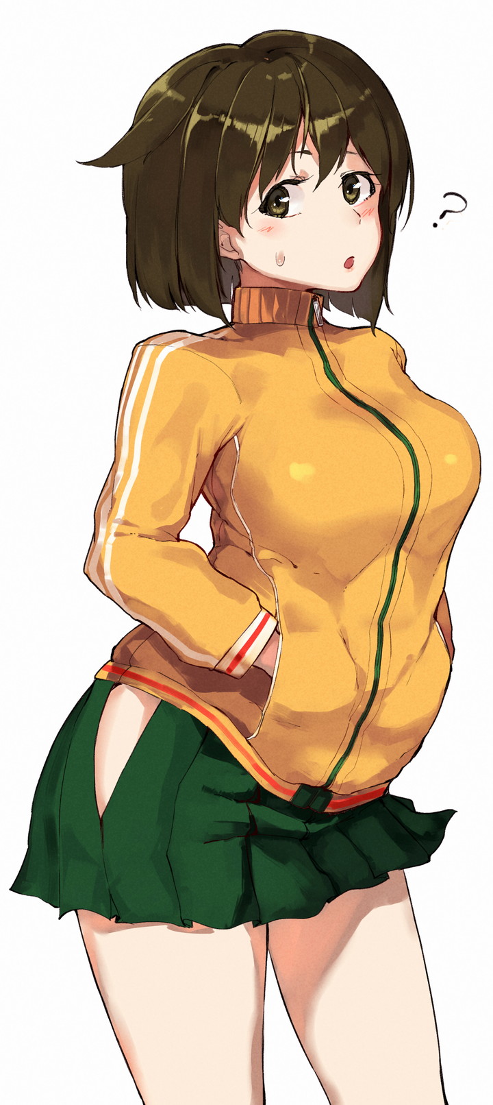 1girl ? bare_legs blush breasts brown_eyes brown_hair commentary_request green_skirt hakama_skirt hands_in_pockets highres hiryuu_(kantai_collection) jacket kantai_collection large_breasts looking_at_viewer open_mouth poco_(backboa) short_hair simple_background skirt solo standing sweatdrop white_background yellow_jacket zipper