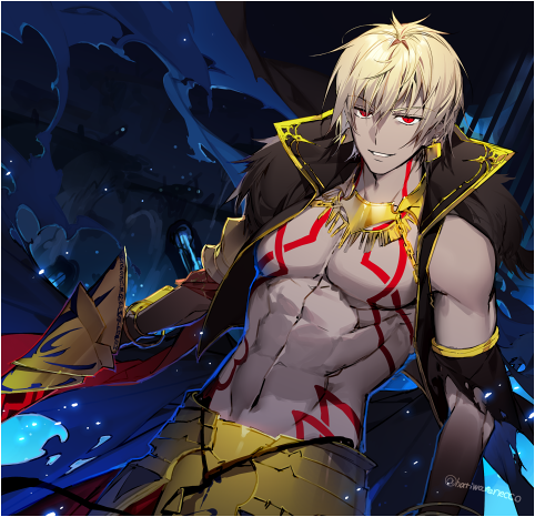 1boy arabian_clothes blonde_hair dark_persona dark_skin dark_skinned_male ea_(fate/stay_night) fate/grand_order fate_(series) gauntlets gilgamesh gilgamesh_(caster)_(fate) looking_at_viewer lowres male_focus nekonagi parted_lips red_eyes shirtless short_hair smile solo twitter_username