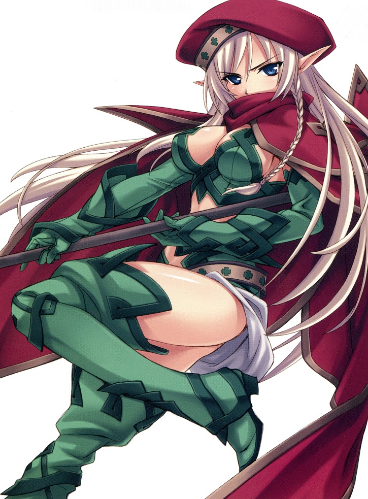 1girl alleyne_(queen's_blade) armpit_peek beret blue_eyes boots braid breasts bustier cape cleavage covered_mouth elbow_gloves elf from_side gloves green_boots hat holding holding_weapon long_hair looking_at_viewer looking_to_the_side matsuryuu medium_breasts pointy_ears queen's_blade red_cape side_braid silver_hair solo thigh-highs thigh_boots very_long_hair weapon