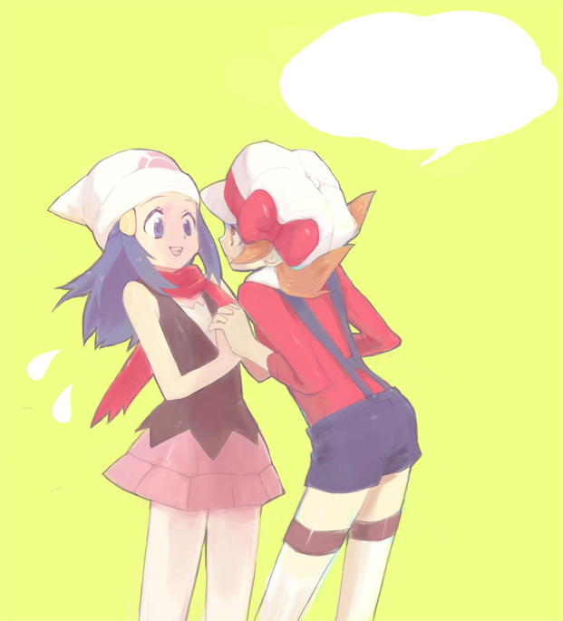 2girls :d bare_legs bare_shoulders beanie blue_eyes blue_hair blue_shorts brown_eyes brown_hair cabbie_hat closed_mouth eye_contact female hair_ornament hand_holding hat hat_ribbon hikari_(pokemon) interlocked_fingers kotone_(pokemon) leaning leaning_back leaning_forward legs long_hair looking_at_another low_twintails multiple_girls nintendo open_mouth overalls pink_skirt pokemon pokemon_(anime) pokemon_(game) pokemon_dppt pokemon_hgss red_ribbon red_scarf ribbon round_teeth scarf short_hair short_shorts shorts simple_background skirt sleeveless smile speech_bubble standing sweatdrop teeth thigh-highs yellow_background yukimo_sato yuri