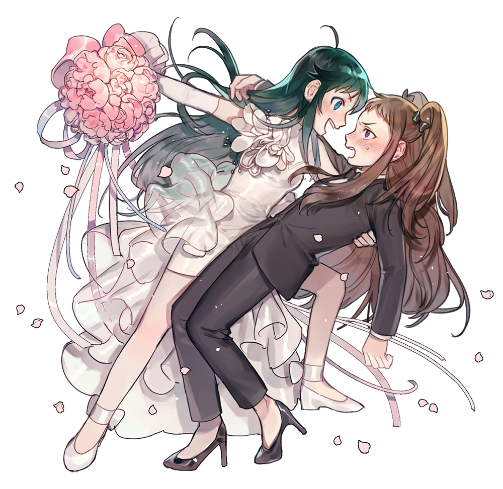 2girls :d ahoge ankle_bow ankle_ribbon bangs black_bow black_bowtie black_pants black_shoes black_suit blue_eyes blush bow bowtie brooch brown_hair dress elbow_gloves eyebrows_visible_through_hair formal full_body furrowed_eyebrows gloves goowan green_hair hair_bow hand_on_another's_back high_heels holding idolmaster idolmaster_cinderella_girls jewelry knee_up koseki_reina leaning_back leaning_forward long_hair long_sleeves looking_at_another multiple_girls nanjou_hikaru no_socks nose_blush open_mouth outstretched_arm overskirt pants petals ribbon shirt shoes short_dress sidelocks simple_background skirt sleeveless sleeveless_dress smile suit sweatdrop swept_bangs teeth tsurime twintails violet_eyes wedding wedding_dress white_background white_bow white_gloves white_shirt white_shoes white_skirt wife_and_wife yuri