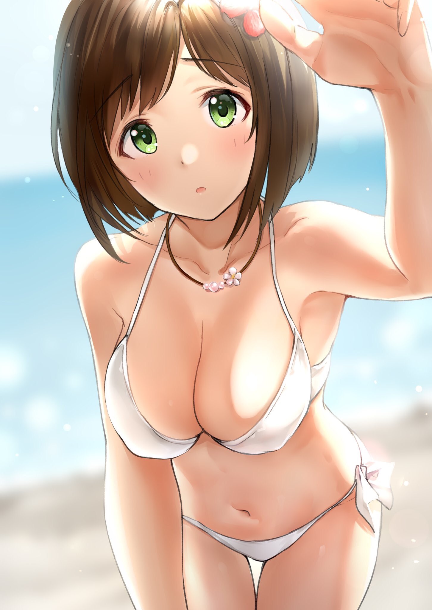 1girl arm_up bare_shoulders beach bikini blurry blurry_background blush breasts brown_hair cleavage collarbone commentary_request eyebrows_visible_through_hair flower green_eyes hair_flower hair_ornament highres idolmaster idolmaster_cinderella_girls jewelry large_breasts looking_at_viewer maekawa_miku navel necklace parted_lips pearl_necklace short_hair solo sunlight swimsuit takeya_y0615 white_bikini
