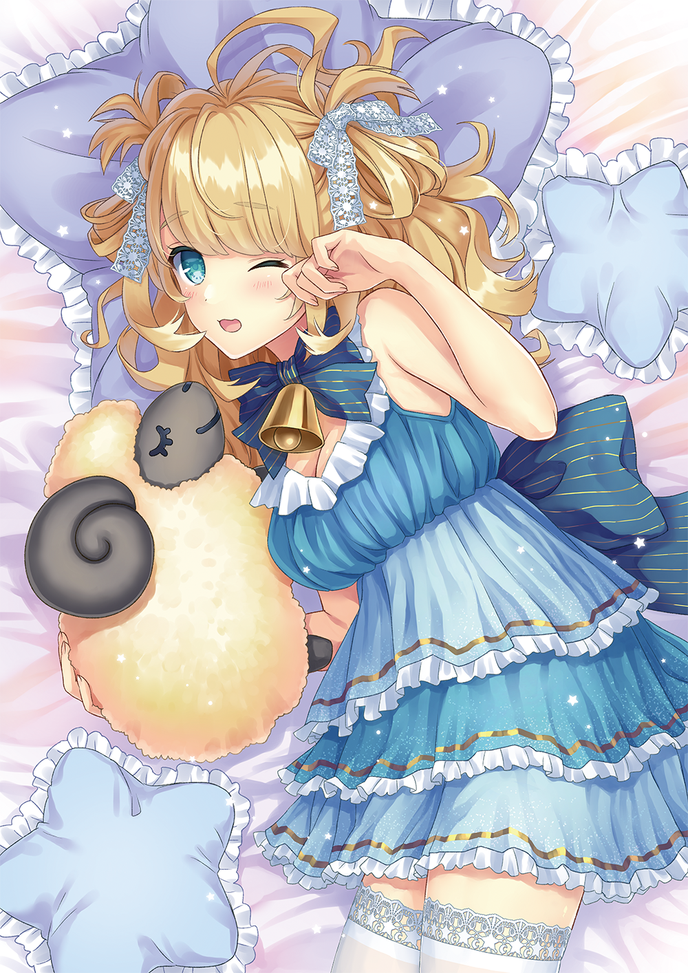 1girl :3 bell blue_bow blue_dress blush bow daidai_jamu dress eyebrows_visible_through_hair hair_bow highres looking_at_viewer one_eye_closed open_mouth original pillow revision rubbing_eyes sheep smile solo star_pillow stuffed_animal stuffed_sheep stuffed_toy thigh-highs white_bow white_legwear