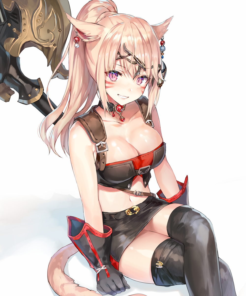 1girl animal_ears arm_support black_gloves black_legwear black_skirt bow breasts cat_ears cat_tail cleavage collarbone crop_top facial_mark final_fantasy final_fantasy_xiv gloves grin hair_bow highres large_breasts legs_crossed lips long_hair miniskirt miqo'te momoko_(momopoco) off_shoulder ponytail shiny shiny_skin sitting skirt slit_pupils smile tail thigh-highs thighs