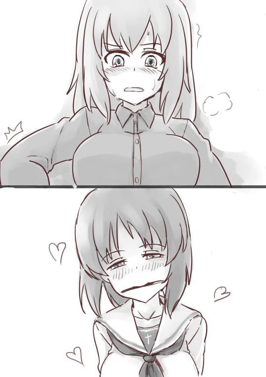 2girls bangs blush food girls_und_panzer heart itsumi_erika monochrome multiple_girls nishizumi_miho pocky school_uniform shanaharuhi short_hair sweat yuri