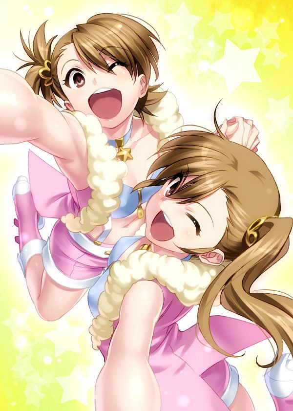 2girls boots brown_eyes brown_hair cute_&amp;_girly_(idolmaster) foreshortening from_above futami_ami futami_mami hand_holding idolmaster long_hair looking_at_viewer multiple_girls open_mouth short_hair siblings side_ponytail sisters twins zen