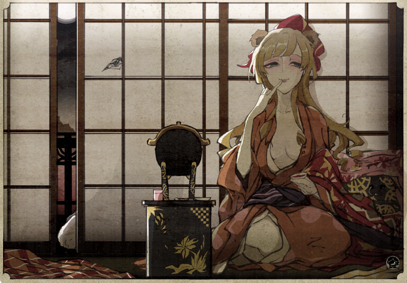1girl alcohol applying_makeup borrowed_character breasts cleavage indoors japanese_clothes light_brown_hair long_hair mirror moon night nihakusanren open_clothes personification pinky_out pokemon sake sitting wide_sleeves