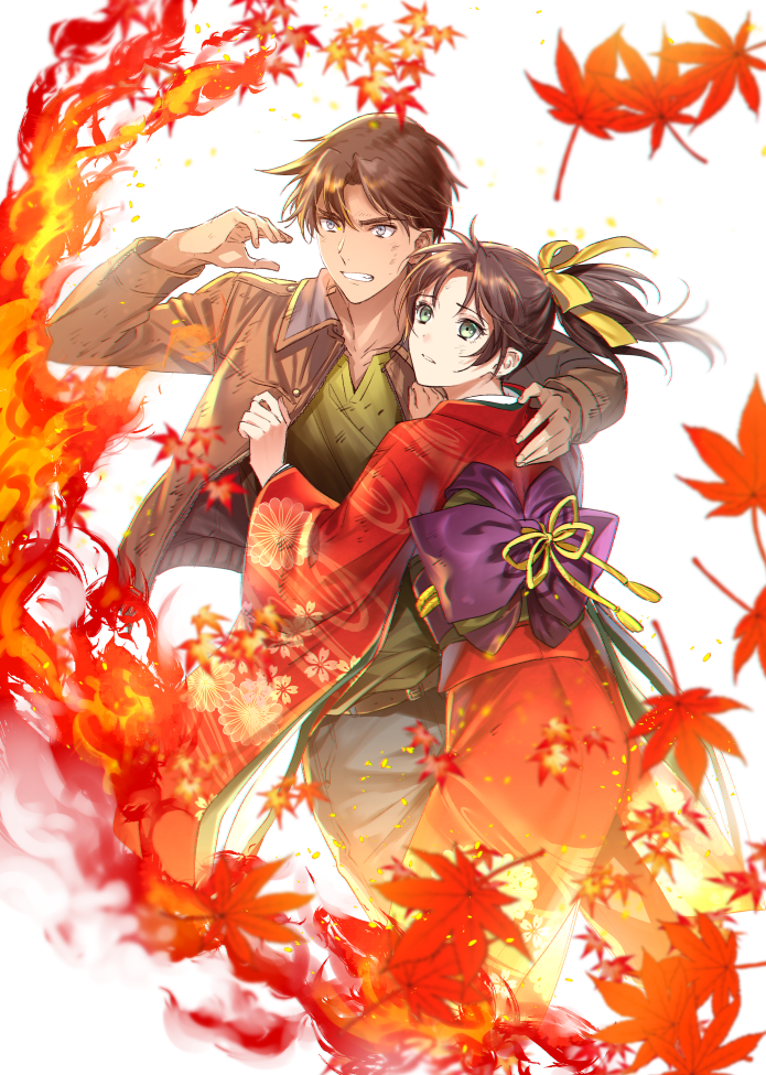 1boy 1girl brown_hair brown_jacket clenched_teeth green_eyes green_shirt grey_eyes grey_pants hair_ribbon hattori_heiji japanese_clothes kimono leaf long_hair meitantei_conan obi pants parted_lips ponytail red_kimono ribbon ro-a sash shirt simple_background teeth tooyama_kazuha white_background yellow_ribbon yukata