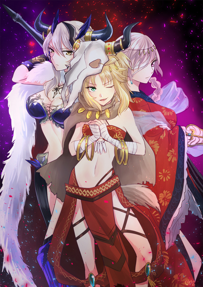 &gt;:) 3girls alternate_costume animal_skull artoria_pendragon_alter_(fate/grand_order) bandage bandage_over_one_eye bandeau bangle bare_shoulders blonde_hair boots bracelet braid breasts cape cleavage confetti cowboy_shot dancer fan fang fate/apocrypha fate/grand_order fate_(series) florence_nightingale_(fate/grand_order) frilled_sleeves frills fur_trim green_eyes hair_ornament hands_together horns japanese_clothes jewelry kimono knee_boots large_breasts long_hair long_sleeves looking_at_viewer midriff multiple_girls navel necklace pelvic_curtain pink_eyes saber saber_alter saber_of_red shawl silver_hair single_braid small_breasts stomach sushimaro vambraces wide_sleeves yellow_eyes