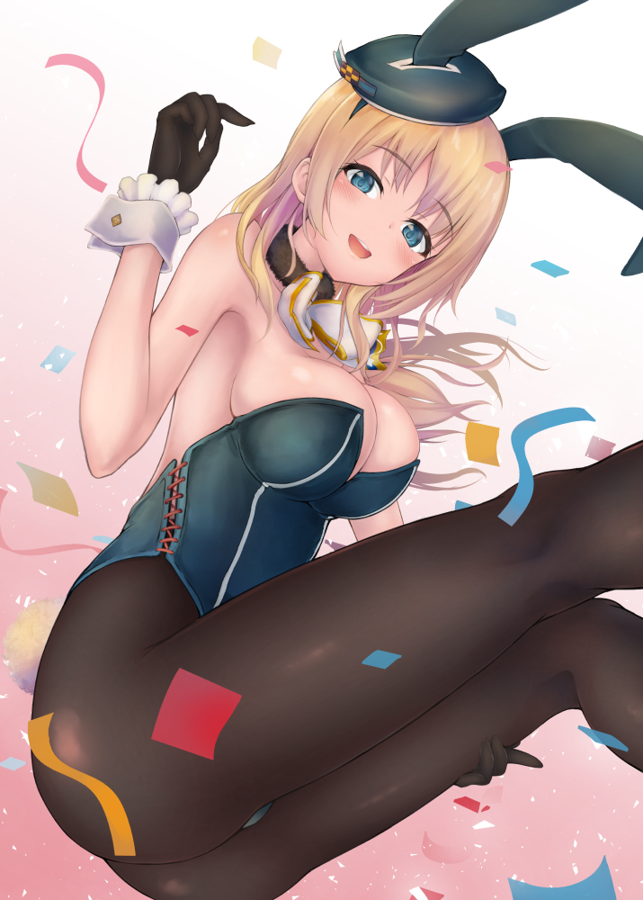 1girl animal_ears ascot atago_(kantai_collection) beret black_gloves blonde_hair breasts bunny_tail bunnysuit cleavage confetti gloves hat kantai_collection long_hair looking_at_viewer ohnaka0515 pantyhose rabbit_ears sitting solo tail wrist_cuffs
