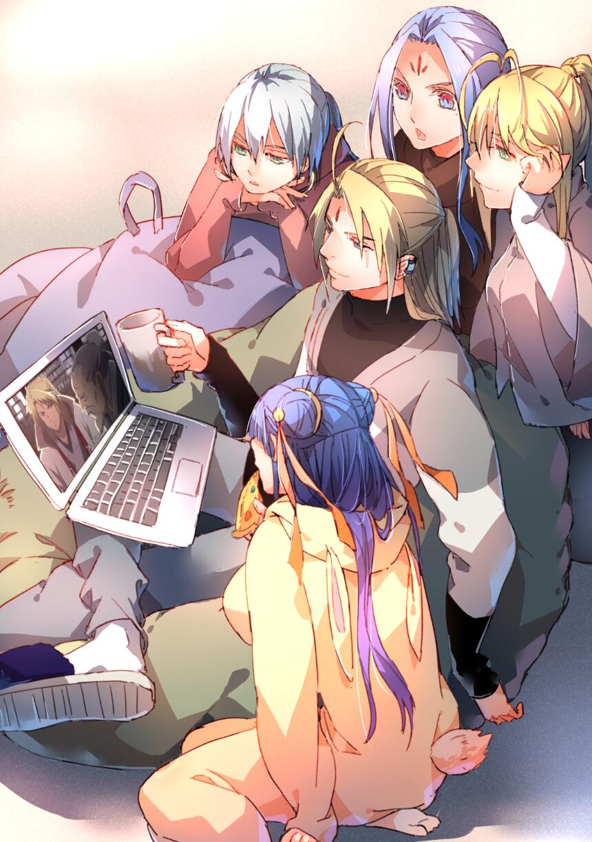 6+boys blonde_hair blue_hair computer cup highres laptop meta mug multiple_boys reikenzan:_hoshikuzu-tachi_no_utage sitting watching zhuhua44