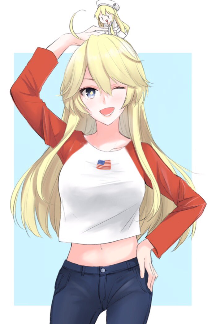 2girls ahoge alternate_costume american_flag anchor_symbol blonde_hair blush denim fairy_(kantai_collection) flag_print hand_on_hip hat iowa_(kantai_collection) jeans kantai_collection long_sleeves looking_at_viewer midriff morinaga_(harumori) multiple_girls navel no_headgear one_eye_closed open_mouth pants round_teeth sailor_hat shirt short_sleeves smile star star-shaped_pupils symbol-shaped_pupils t-shirt teeth