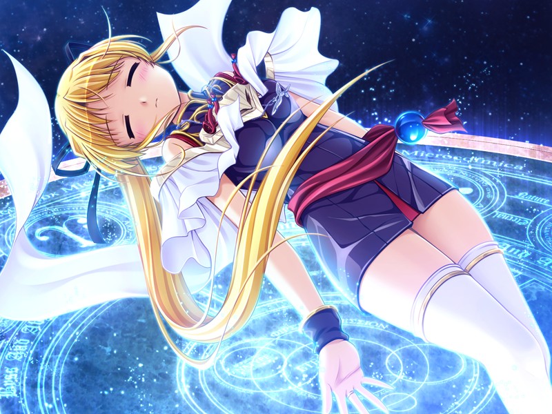 1girl bangs bare_shoulders bekkankou blonde_hair blush closed_eyes closed_mouth cynthia_marguerite game_cg long_hair magic_circle sleeveless solo thigh-highs white_legwear wristband yoake_mae_yori_ruri_iro_na zettai_ryouiki