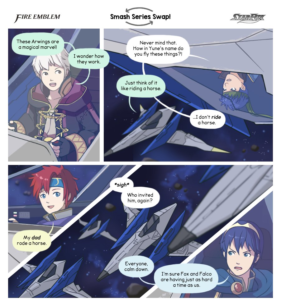 4boys armor blue_eyes blue_hair cape english finalsmashcomic fire_emblem fire_emblem:_akatsuki_no_megami fire_emblem:_fuuin_no_tsurugi fire_emblem:_kakusei fire_emblem:_mystery_of_the_emblem fire_emblem:_souen_no_kiseki headband hood ike male_focus male_my_unit_(fire_emblem:_kakusei) marth multiple_boys my_unit_(fire_emblem:_kakusei) open_mouth redhead roy_(fire_emblem) short_hair smile star_fox super_smash_bros. tiara white_hair yayster