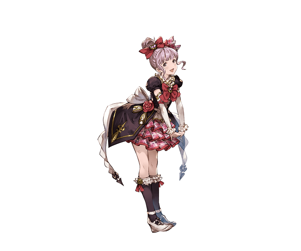 1girl bow bowtie brown_eyes curly_hair flower full_body granblue_fantasy heart linaria_(granblue_fantasy) minaba_hideo official_art open_mouth pink_hair ponytail rose socks solo transparent_background