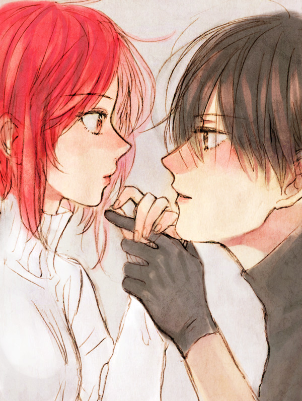 1boy 1girl black_hair datte_waka eye_contact face-to-face gloves hand_holding hetero looking_at_another nezumi_(no.6) no.6 red_eyes redhead safu short_hair traditional_media turtleneck watercolor_(medium)