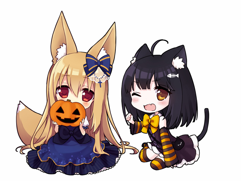 2girls :&gt; ;d ahoge animal_ears black_hair bow brown_eyes brown_hair cat_ears cat_tail chibi covering_mouth detached_sleeves fox_ears fox_tail ghost hair_bow hair_ornament halloween irimo-m jack-o'-lantern long_hair looking_at_viewer multiple_girls one_eye_closed open_mouth original simple_background smile striped striped_legwear tail thigh-highs white_background |_|