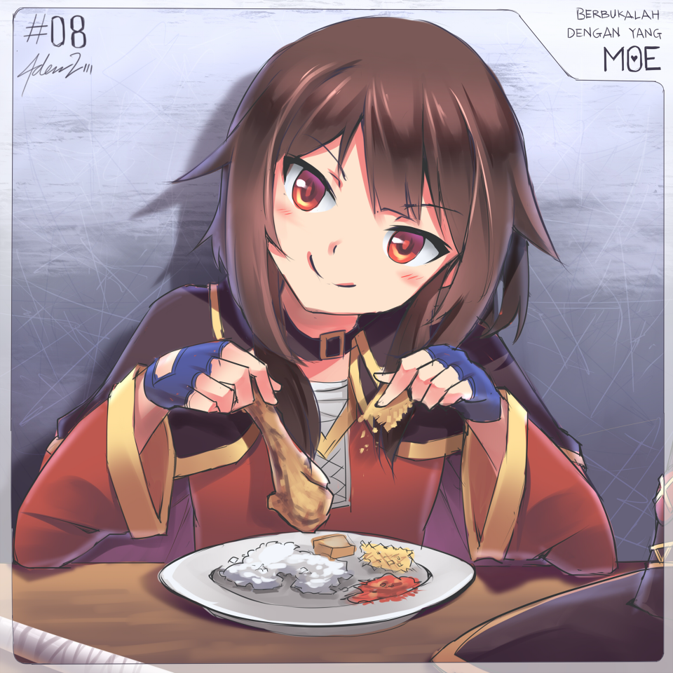 1girl brown_hair cape choker fingerless_gloves food fried_chicken gloves hat hat_removed head_tilt headwear_removed holding holding_food kono_subarashii_sekai_ni_shukufuku_wo! long_sleeves looking_at_viewer megumin mystic-san on_table red_eyes rice short_hair_with_long_locks smile solo table