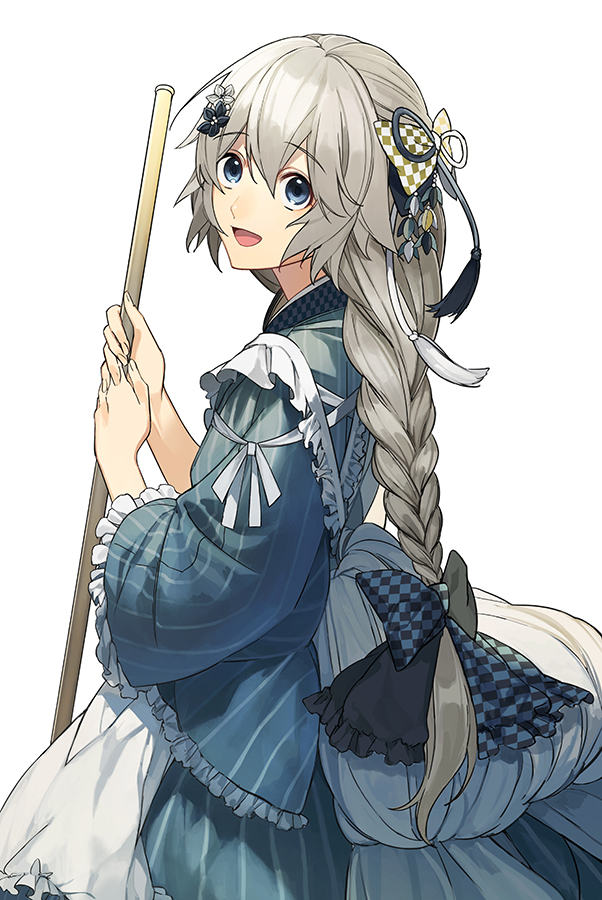 1girl apron blue_eyes bow braid commentary frilled_apron frilled_sleeves frills grey_hair hair_bow hair_ornament holding japanese_clothes kimono long_hair looking_back maid open_mouth original sando_(310_sand) sidelocks smile solo wa_maid white_background