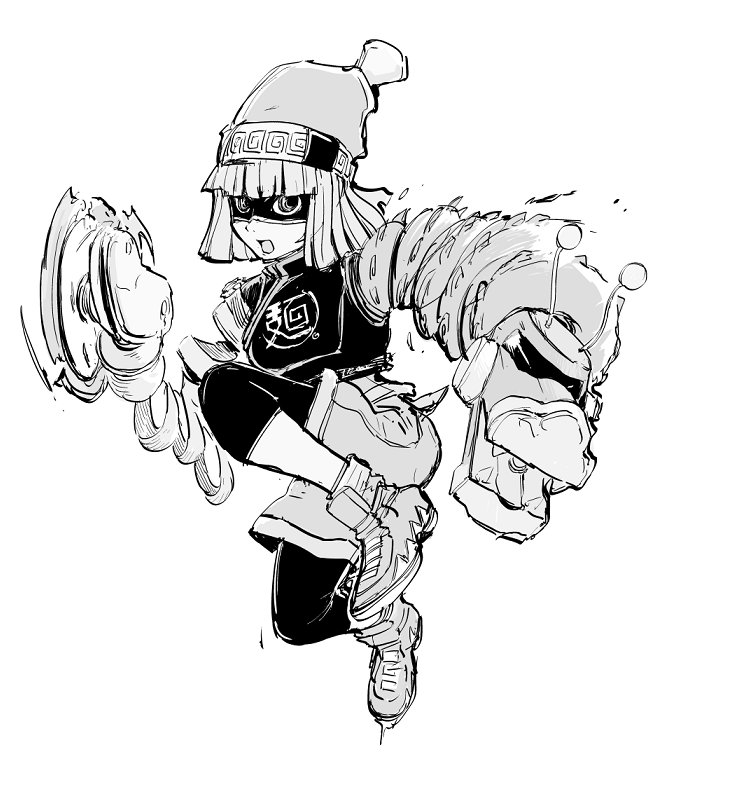 1girl arms_(game) bangs beanie bike_shorts chinese_clothes dragon facepaint food full_body hat legwear_under_shorts looking_at_viewer mask min_min_(arms) monochrome noodles short_hair shorts solo