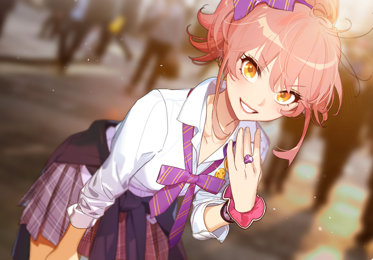 &gt;:d 1girl :d badge bangs blurry blurry_background blush bow bowtie clothes_around_waist collarbone collared_shirt cowboy_shot cumaly05 dutch_angle flat_chest glint grin hair_bow heart heart_ring idolmaster idolmaster_cinderella_girls jewelry jougasaki_mika leaning_forward long_hair looking_at_viewer open_mouth photo_background pink_hair plaid plaid_skirt pleated_skirt ponytail purple_bow purple_bowtie purple_ribbon ribbon ring shirt skirt smile smiley_face solo_focus standing sunlight tsurime white_shirt wing_collar wrist_cuffs yellow_eyes