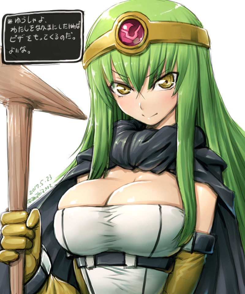 1girl amania_orz blush breasts c.c. cape circlet cleavage code_geass cosplay dated dragon_quest dragon_quest_iii elbow_gloves gloves green_hair large_breasts long_hair looking_at_viewer sage_(dq3) sage_(dq3)_(cosplay) shiny shiny_hair sidelocks smile solo staff translation_request twitter_username yellow_eyes