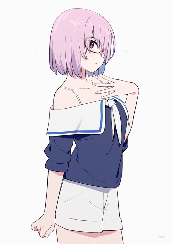 1girl alternate_costume arm_at_side bangs bare_shoulders black-framed_eyewear blue_shirt blush breasts cleavage closed_mouth collarbone commentary_request cowboy_shot eyes_visible_through_hair fate/grand_order fate_(series) glasses hair_over_one_eye hand_on_own_chest head_tilt medium_breasts neckerchief off-shoulder_shirt pink_hair profile sailor sailor_collar shielder_(fate/grand_order) shirt short_hair short_sleeves shorts simple_background smile sohin solo spaghetti_strap standing thighs violet_eyes white_background white_neckerchief white_shorts