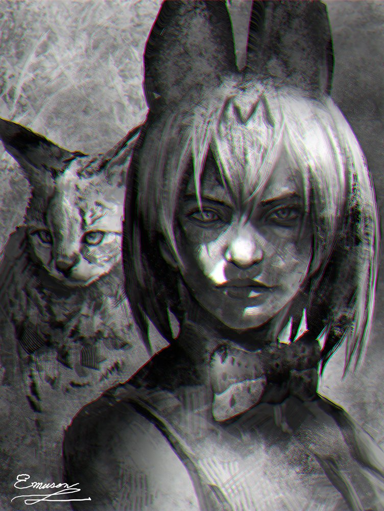 1girl animal animal_ears artist_name bow bowtie chromatic_aberration emuson greyscale kemono_friends lips looking_at_viewer monochrome nose portrait realistic serval serval_(kemono_friends) short_hair signature solo upper_body