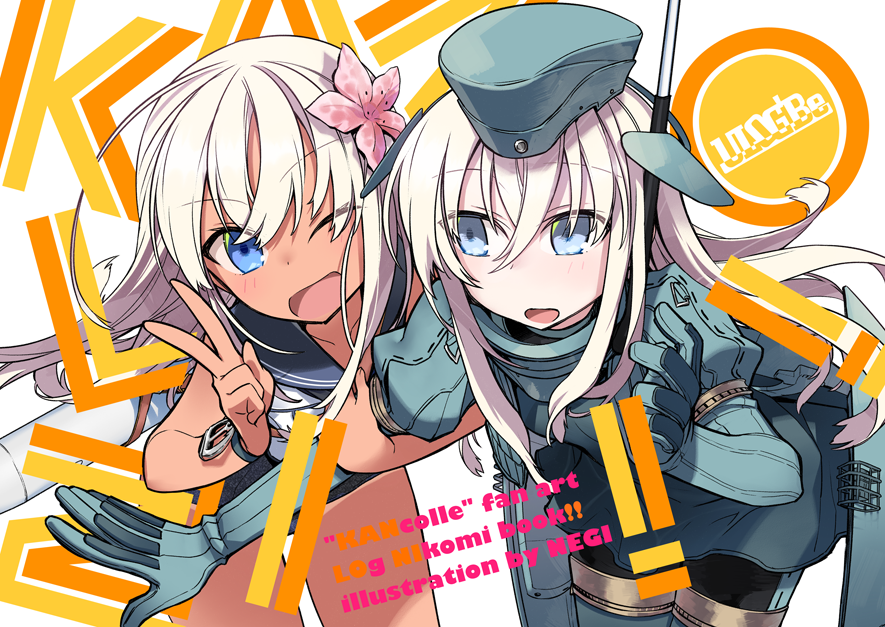 2girls blonde_hair blue_eyes bodysuit crop_top cropped_jacket dual_persona flower garrison_cap hair_flower hair_ornament hat kantai_collection leaning_forward long_hair long_sleeves military military_uniform multiple_girls one-piece_tan one_eye_closed open_mouth puffy_long_sleeves puffy_sleeves ro-500_(kantai_collection) sailor_collar school_swimsuit snorkel swimsuit swimsuit_under_clothes tan tanline u-511_(kantai_collection) ulogbe uniform