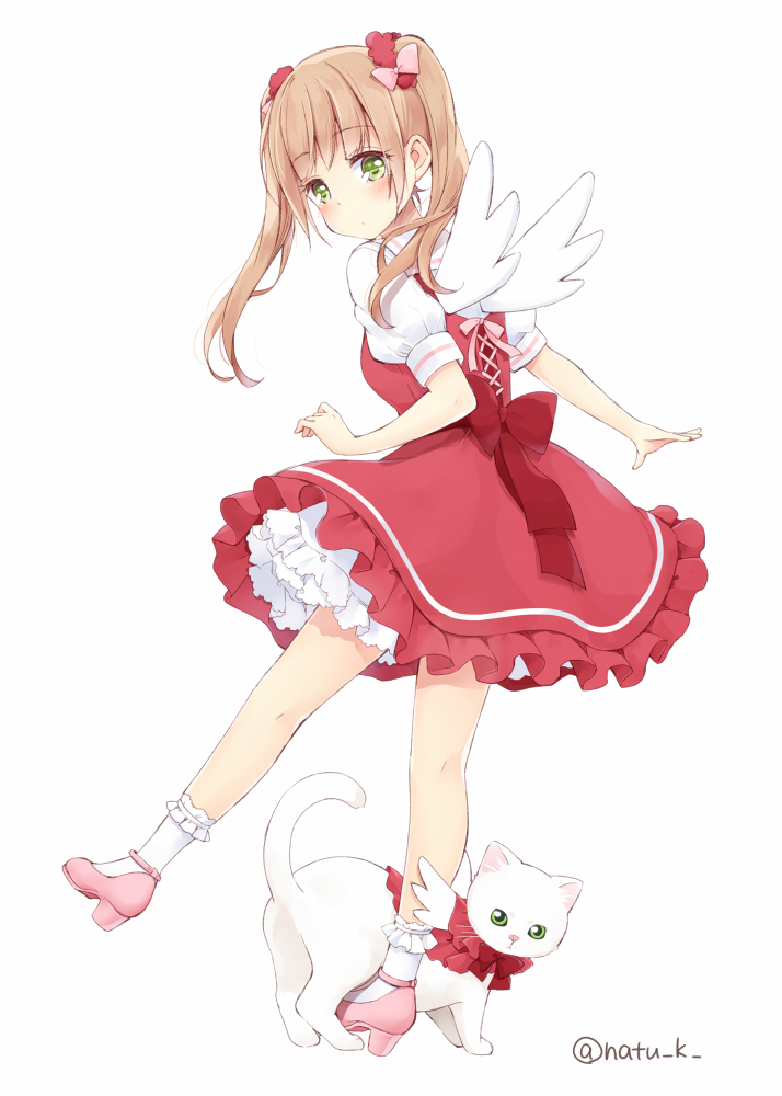 1girl blush bow brown_hair cat dress eyebrows_visible_through_hair fake_wings frilled_legwear full_body green_eyes hair_bow hair_ornament hair_scrunchie long_hair looking_at_viewer looking_back natsu_(natume0504) original pinafore_dress pink_bow red_bow red_dress scrunchie shirt short_dress short_sleeves signature simple_background socks solo twintails white_background white_legwear white_shirt white_wings wings