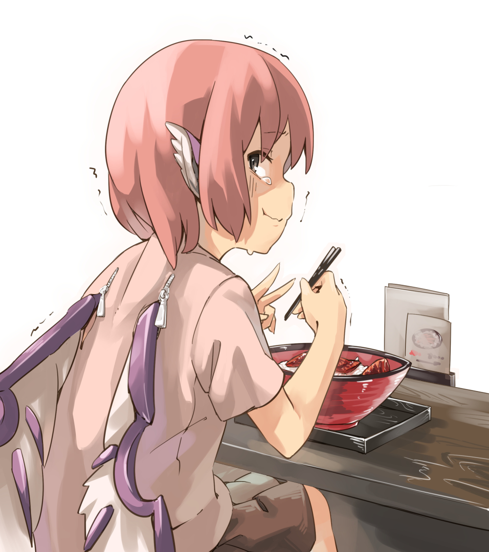 1girl alternate_costume animal_ears back bird_wings casual contemporary eating food from_behind looking_at_viewer looking_back muchi_maro mystia_lorelei pink_hair solo tearing_up tears touhou trembling wings yakitori