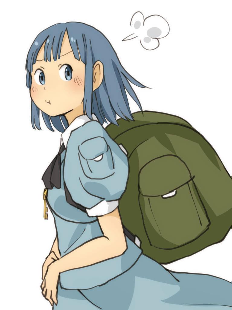 1girl alternate_hairstyle backpack bag blue_hair blush chii-kun_(seedyoulater) hair_bobbles hair_ornament kawashiro_nitori key neckerchief no_hat no_headwear pout short_hair simple_background skirt solo touhou twintails white_background