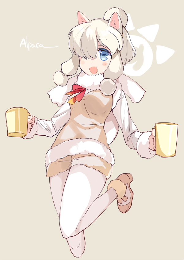 1girl :d alpaca_ears alpaca_suri_(kemono_friends) alpaca_tail animal_ears ankle_boots bangs beige beige_background beige_boots beige_ribbon beige_shorts beige_vest blonde_hair blue_eyes blush boots character_name cropped_legs cup dot_nose english eyebrows_visible_through_hair eyelashes fingernails fur-trimmed_boots fur-trimmed_sleeves fur-trimmed_vest fur_collar fur_trim gradient_ribbon hair_bun hair_ornament hair_over_one_eye hair_ribbon hair_tie high_heel_boots high_heels holding holding_cup horizontal_pupils japari_symbol kemono_friends leg_lift long_sleeves looking_at_viewer mug multicolored multicolored_ribbon neck_ribbon open_mouth otk_do pantyhose pantyhose_under_shorts red_ribbon ribbon shirt shoe_ribbon shorts sidelocks smile solo swept_bangs tail tareme tress_ribbon vest white_legwear white_shirt yellow_ribbon