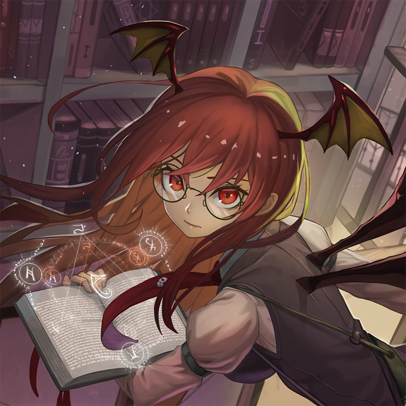 1girl artist_name back_cutout bat_wings belt bespectacled black-framed_eyewear black_wings book bookshelf breasts checkered checkered_floor floating from_above glasses head_wings hexagram holding holding_book impossible_clothes impossible_vest indoors koakuma large_breasts library long_hair long_sleeves looking_at_viewer looking_back magic magic_circle necktie puffy_long_sleeves puffy_sleeves recare red_eyes red_necktie redhead sheath signature solo touhou upper_body vest wavy_hair window wings