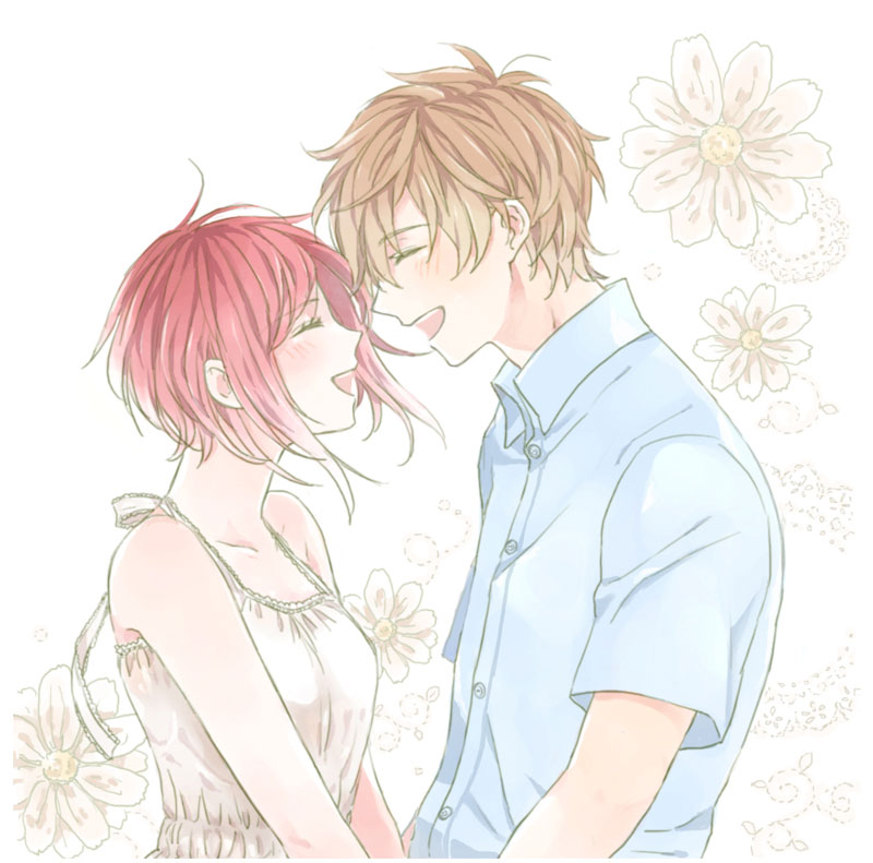 1boy 1girl alternate_costume blush brown_hair closed_eyes collarbone couple datte_waka dress floral_background from_side happy no.6 open_mouth redhead safu shion_(no.6) short_hair smile upper_body white_dress