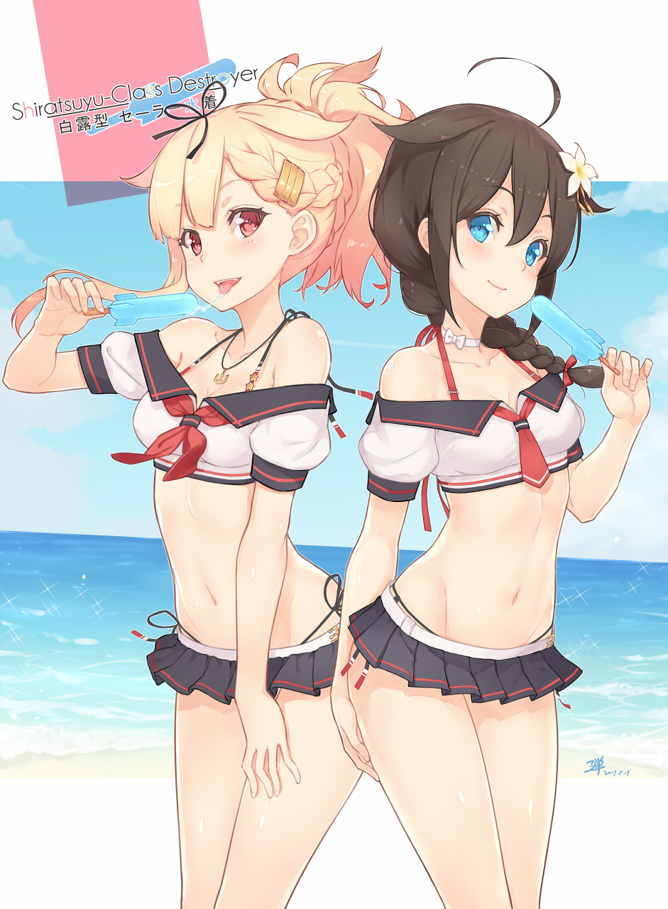 2girls adam700403 adapted_costume ahoge alternate_costume alternate_hairstyle anchor_necklace beach bikini black_hair black_ribbon blonde_hair blue_eyes blush braid breasts brown_hair choker cleavage flower food hair_flaps hair_flower hair_ornament hair_over_shoulder hair_ribbon hairclip highres jewelry kantai_collection looking_at_viewer microskirt midriff multiple_girls navel neckerchief necklace open_mouth popsicle red_eyes remodel_(kantai_collection) ribbon shigure_(kantai_collection) side-tie_bikini single_braid skirt small_breasts smile swimsuit tongue tongue_out yuudachi_(kantai_collection)