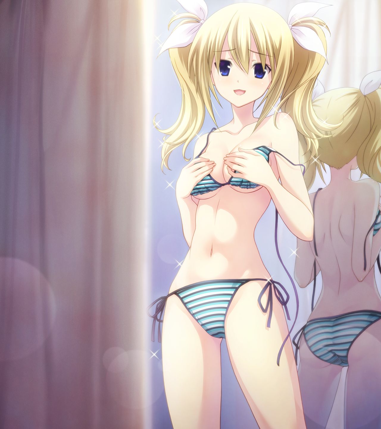 1girl :d arimura_hinae ass bikini blonde_hair blue_eyes breasts chaos;child cleavage collarbone covering covering_breasts eyebrows_visible_through_hair groin hair_between_eyes hair_ribbon highres indoors long_hair looking_at_viewer medium_breasts mirror navel open_mouth ribbon sasaki_mutsumi side-tie_bikini smile solo sparkle standing striped striped_bikini swimsuit twintails under_boob untied untied_bikini white_ribbon
