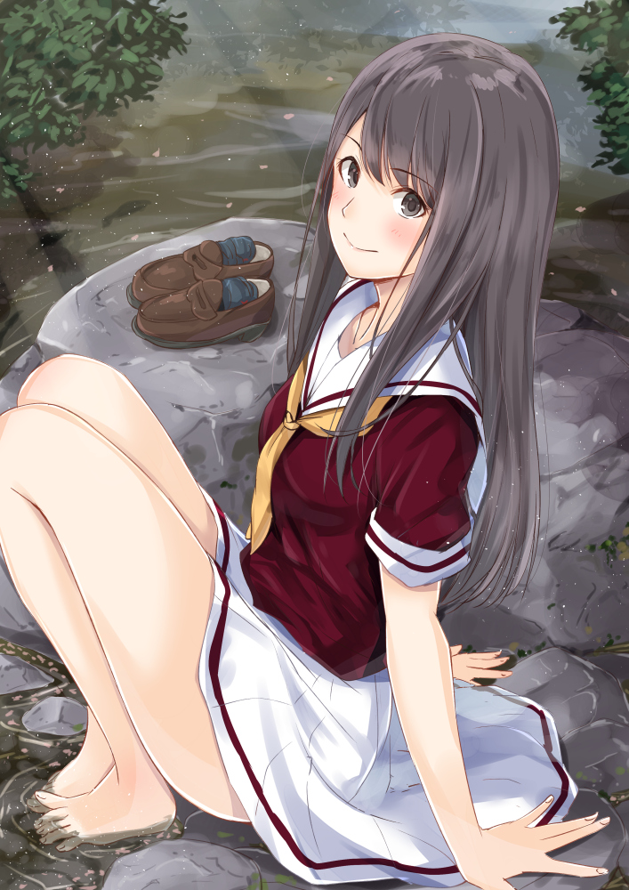 1girl atelier2nd bangs bare_legs barefoot black_hair black_legwear blush brown_shoes closed_mouth eyebrows_visible_through_hair from_side grey_eyes loafers long_hair looking_at_viewer original outdoors river school_uniform serafuku shoes shoes_removed sitting skirt smile socks_removed solo thighs white_skirt