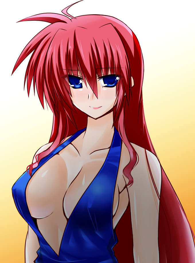 1girl alternate_costume alternate_hairstyle bare_shoulders blue_eyes blush breasts cleavage dress engo_(aquawatery) hair_down large_breasts long_hair lyrical_nanoha pink_hair signum smile solo very_long_hair