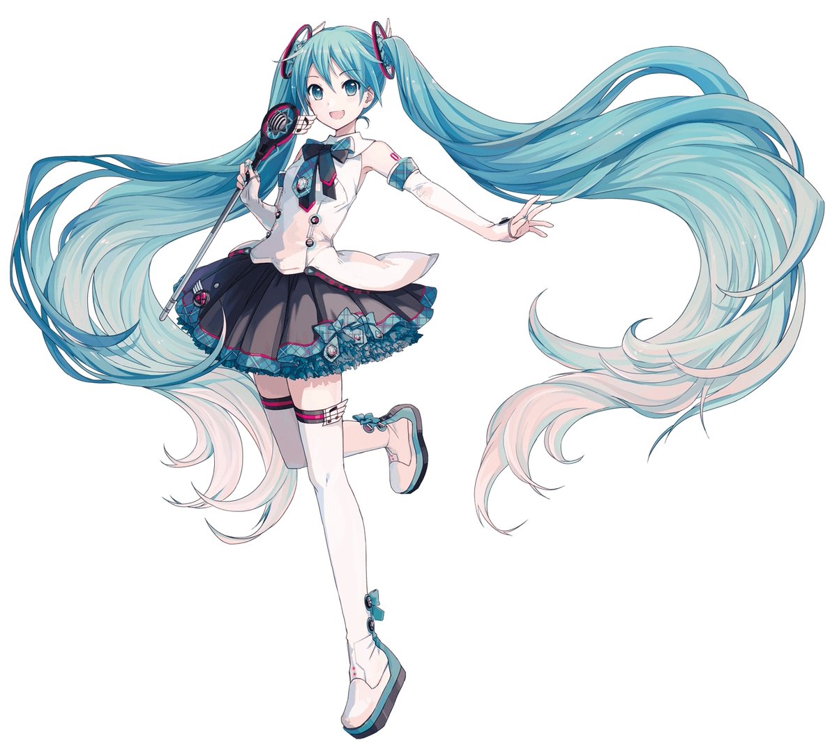 1girl bangs detached_sleeves eyebrows_visible_through_hair full_body gradient_hair hair_ornament hatsune_miku holding ixima leg_up long_hair looking_at_viewer magical_mirai_(vocaloid) microphone multicolored_hair musical_note official_art open_mouth pleated_skirt simple_background skirt sleeveless smile solo tattoo thigh-highs twintails very_long_hair vocaloid white_background white_legwear zettai_ryouiki