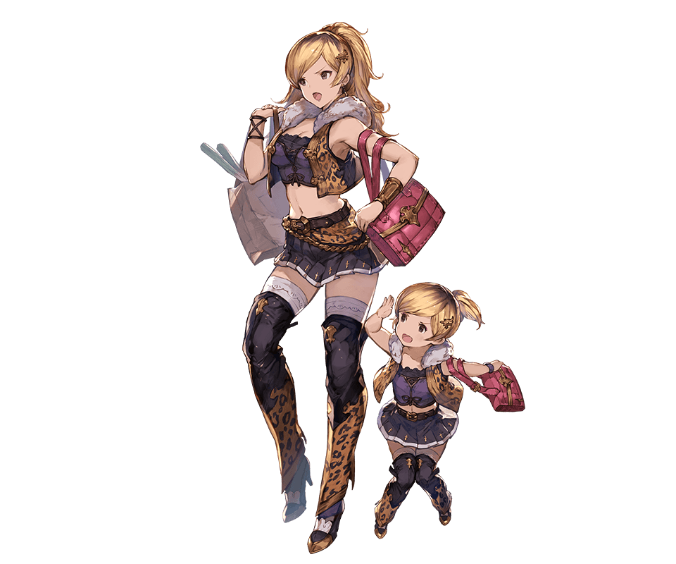 2girls bag blonde_hair boots bracelet breasts brown_eyes brown_hair cleavage earrings food full_body fur_trim granblue_fantasy hair_ornament hairclip high_heel_boots high_heels jewelry long_hair midriff minaba_hideo miniskirt mother_and_daughter multicolored_hair multiple_girls navel nene_(granblue_fantasy) official_art ponytail skirt thigh-highs transparent_background two-tone_hair yae_(granblue_fantasy)