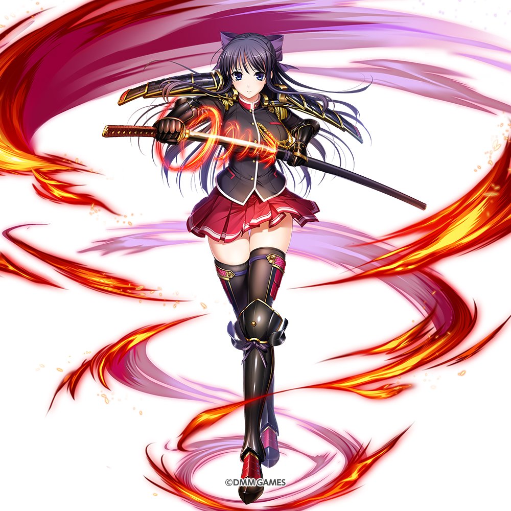 1girl armor armored_boots bangs black_legwear blue_eyes boots breasts copyright_name eyebrows_visible_through_hair fire full_body gauntlets glowing glowing_weapon hair_ribbon holding holding_weapon kami_project katana komori_kei long_hair looking_at_viewer medium_breasts official_art pleated_skirt purple_ribbon red_skirt ribbon ryuuzouji_akane sheath shoes shoulder_armor simple_background skirt solo standing sword thigh-highs uniform walkure_romanze weapon white_background zettai_ryouiki